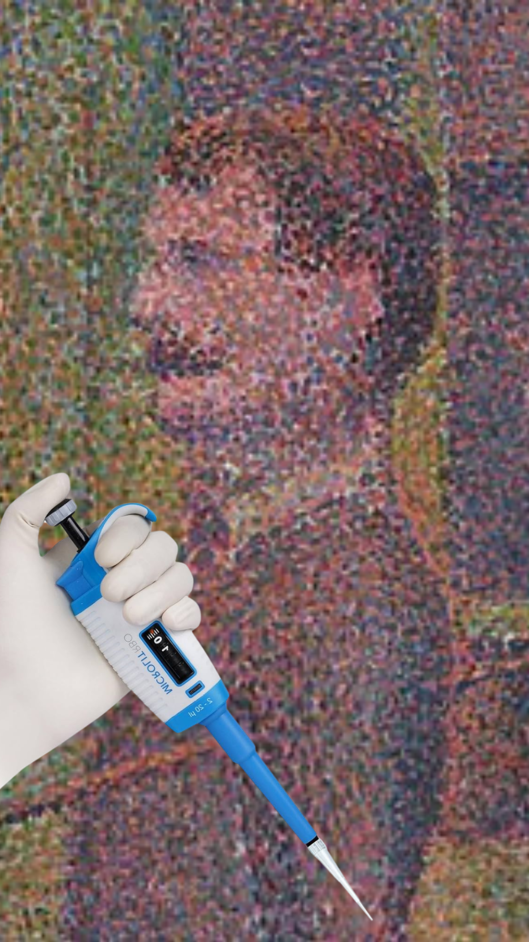 A closeup detail of Georges Seurat's "A Sunday Afternoon on the Island of La Grande Jatte". There is a gloved hand holding a laboratory micropipette superimposed over the image.